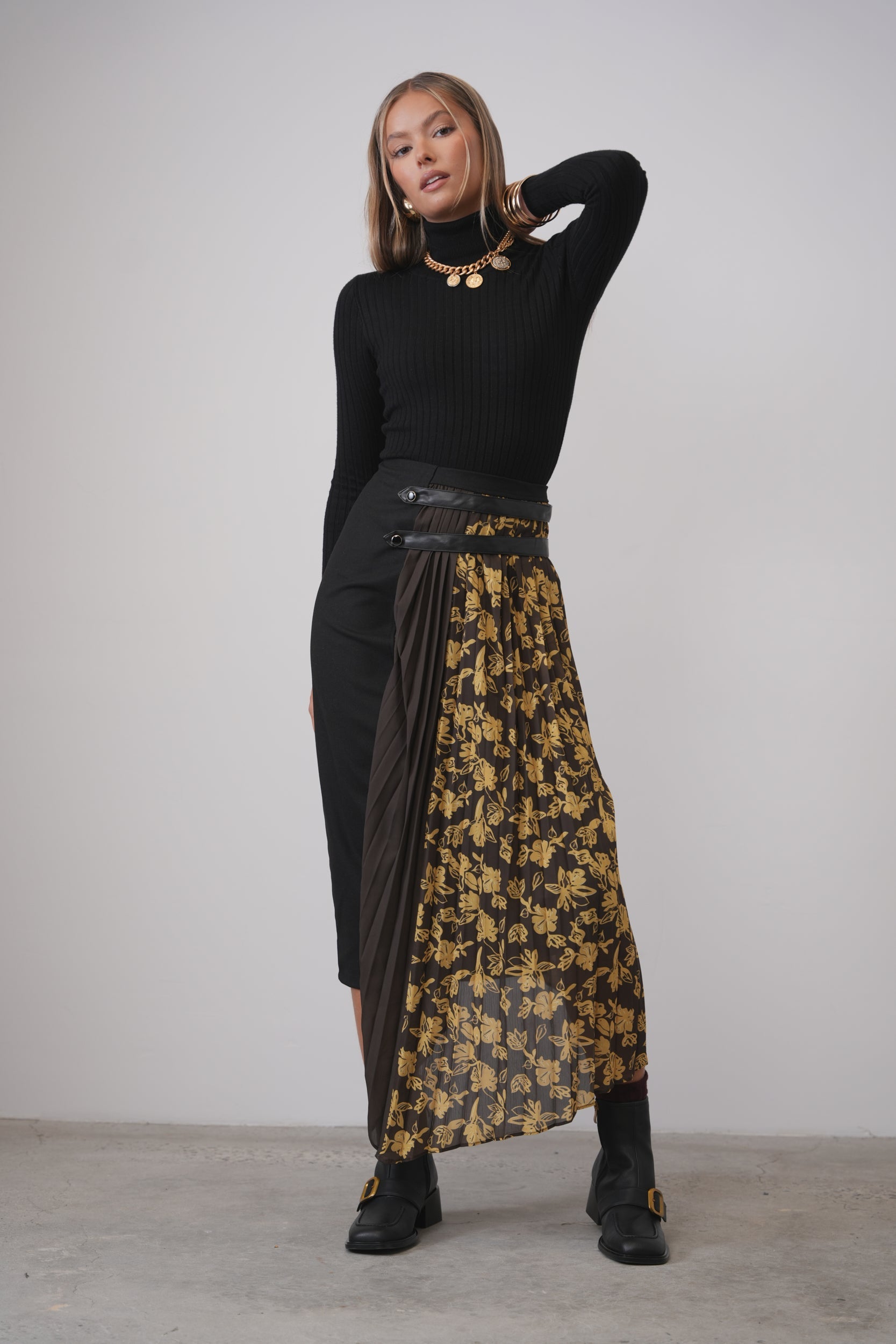Half Pleated Combo Skirt