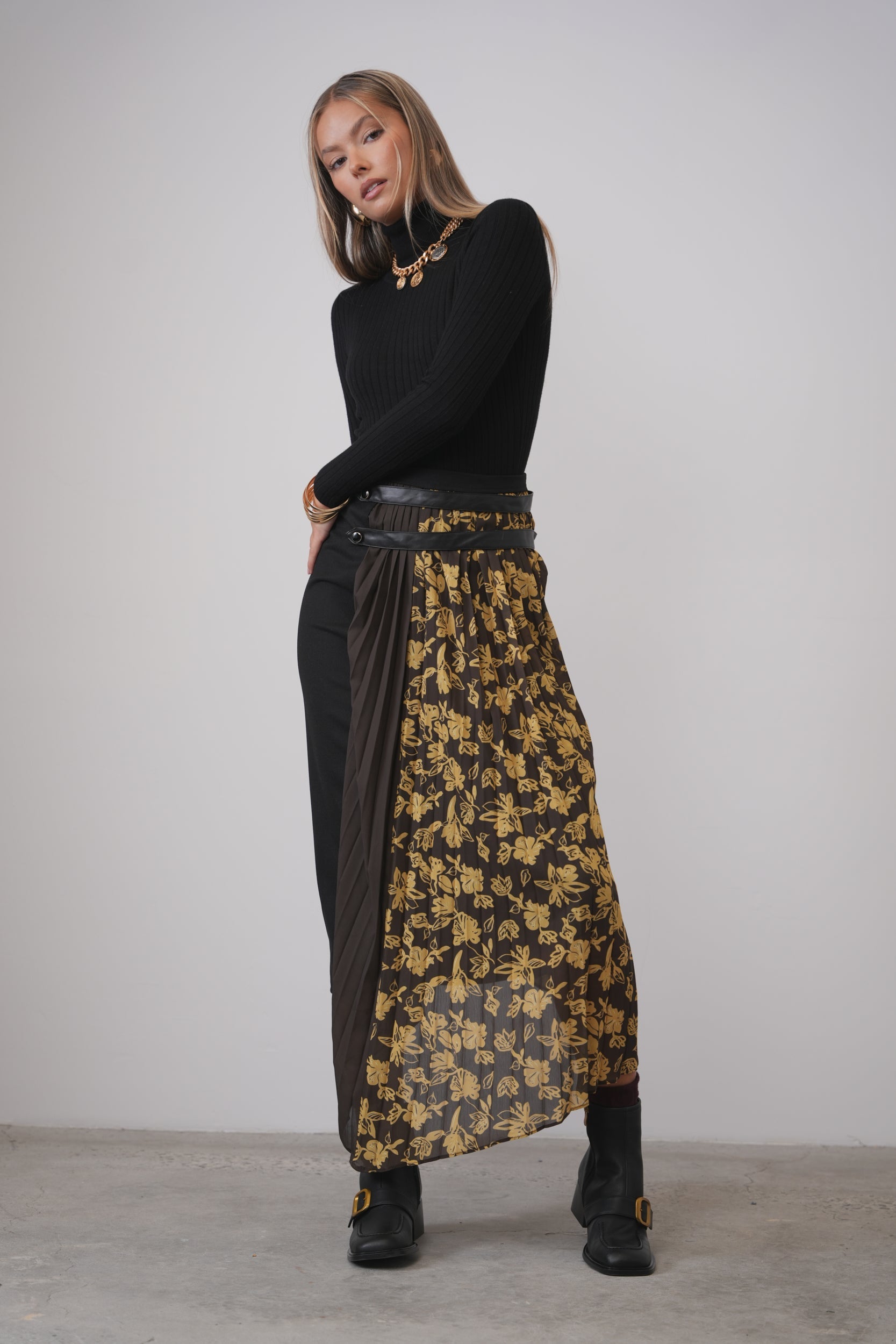 Half Pleated Combo Skirt