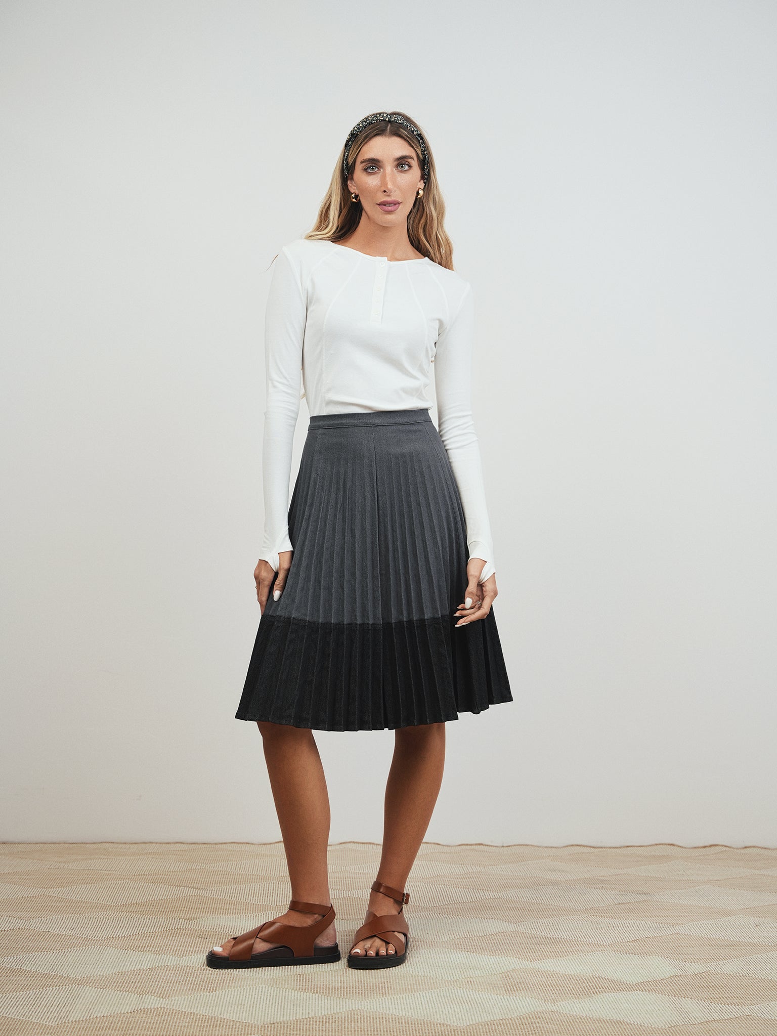 Colorblock Pleated Denim Skirt