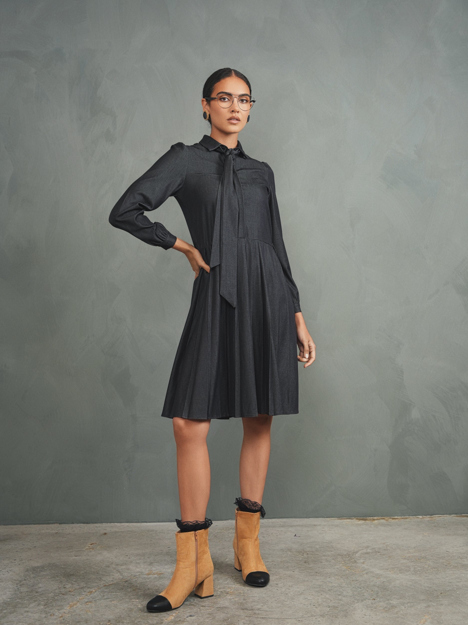 Pleated Tie Tencel Dress