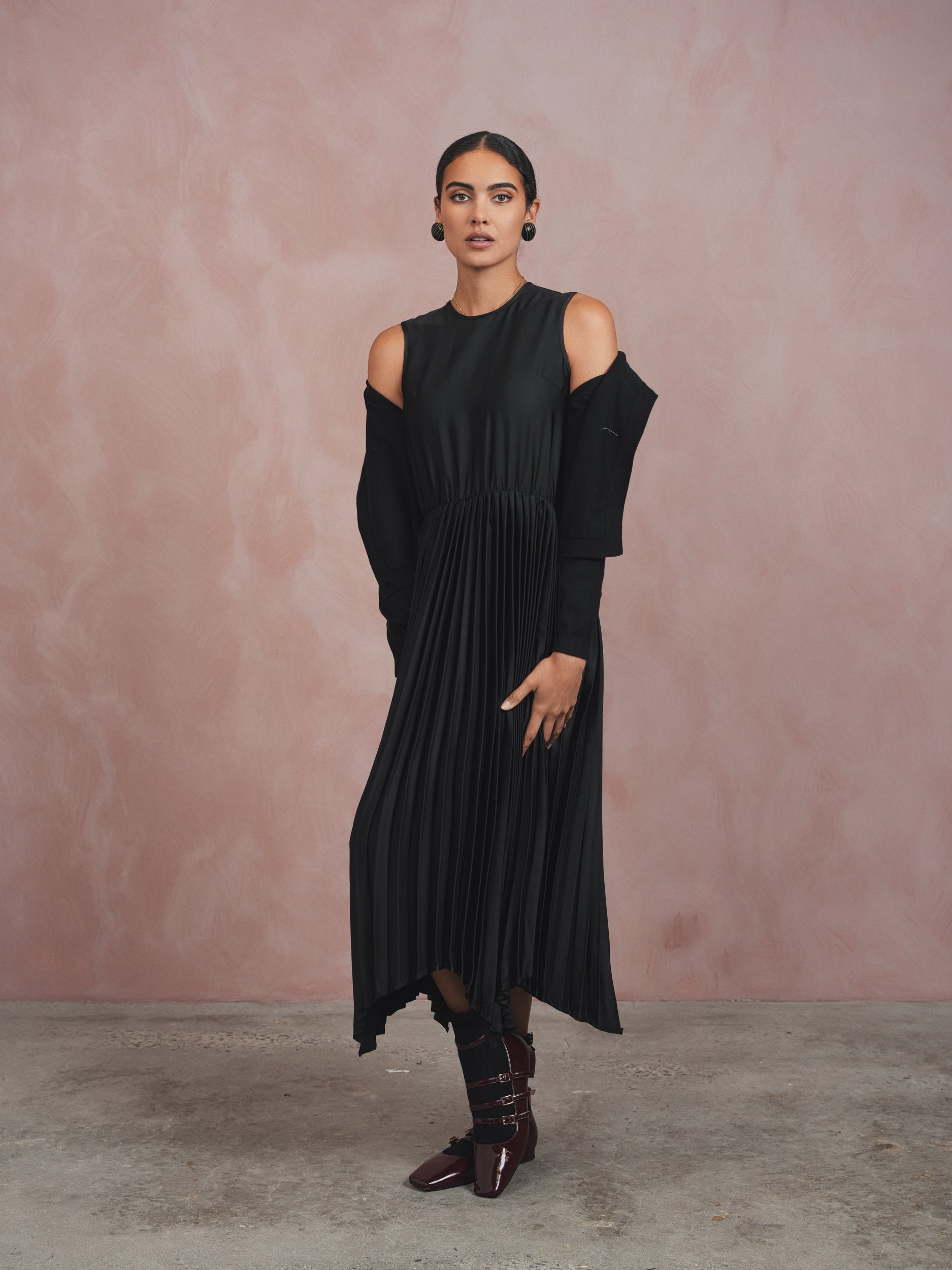 Pleated High-Low Sleeveless Dress