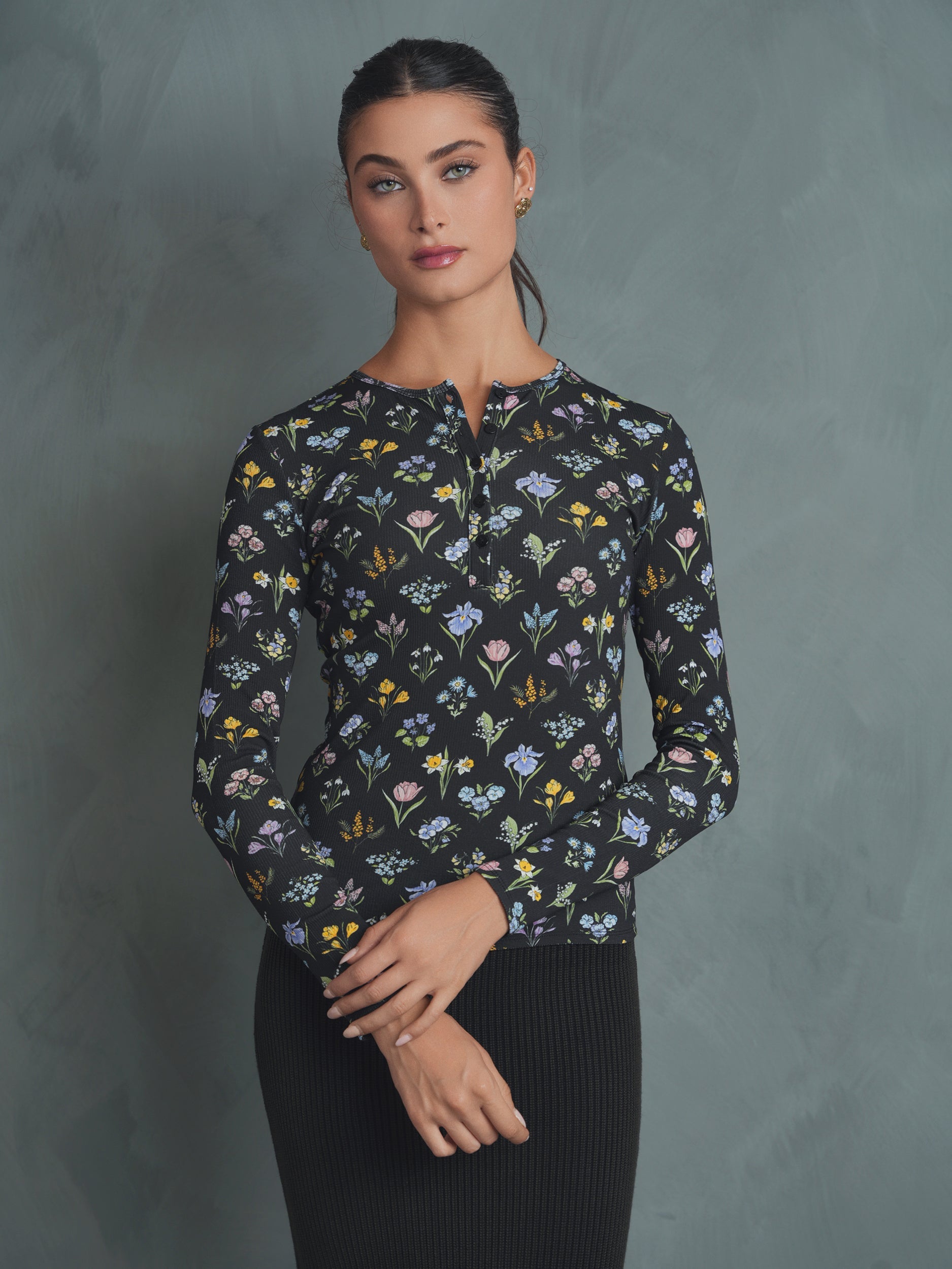 Henley Print Rib Top