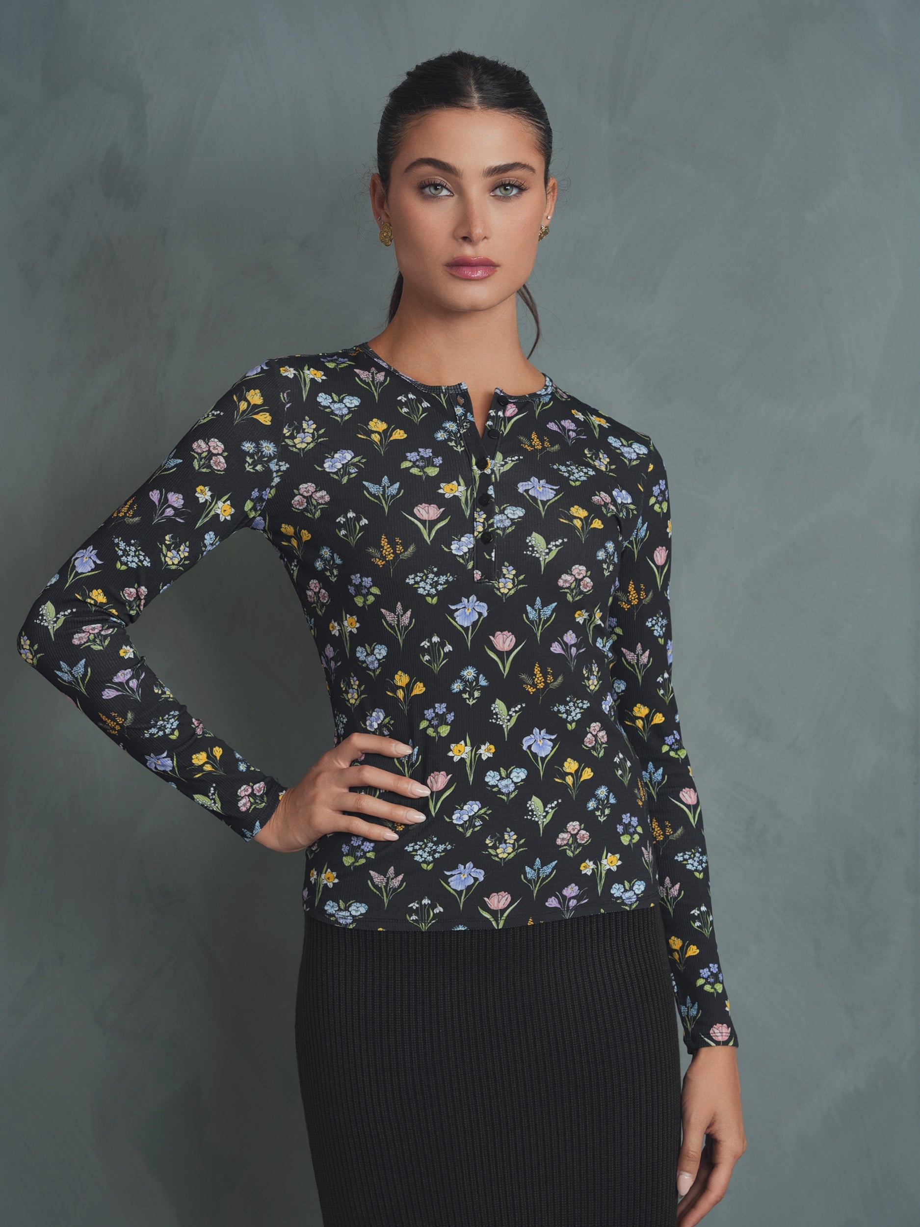 Henley Print Rib Top