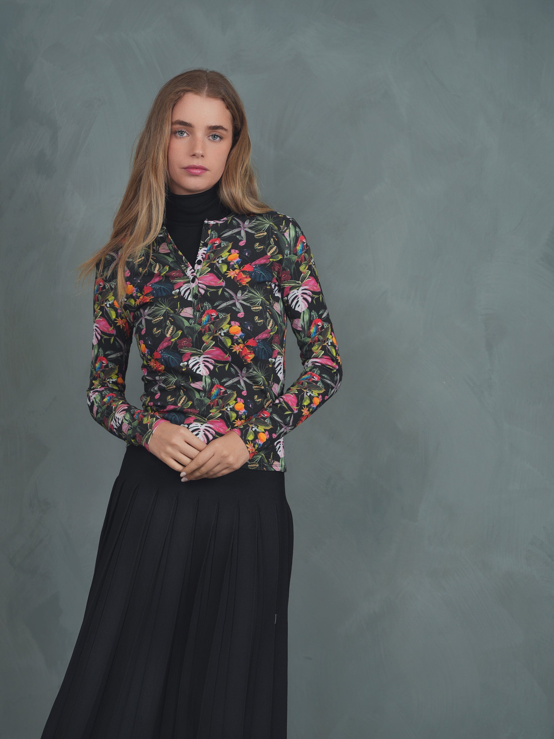 Henley Print Rib Top