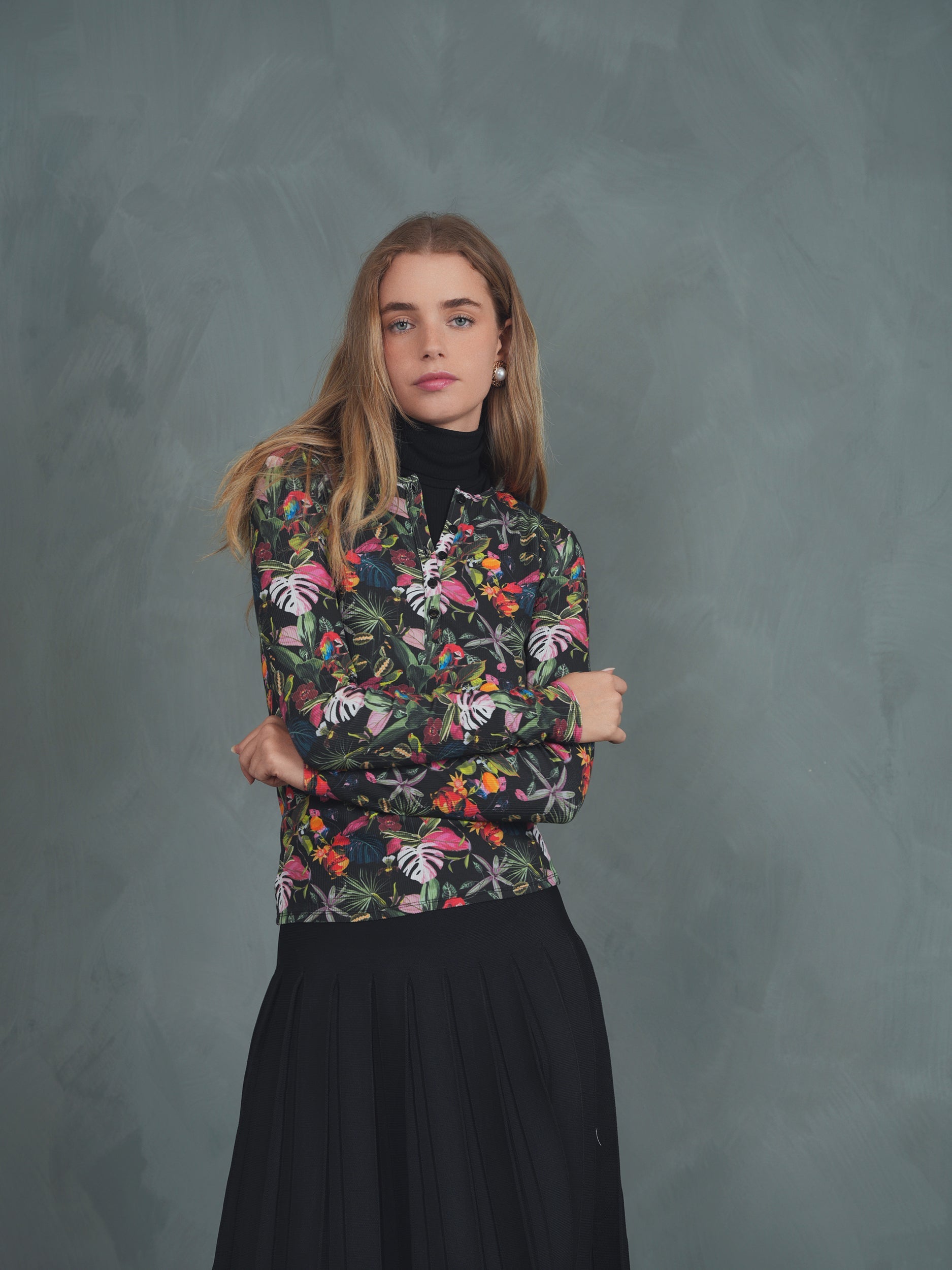 Henley Print Rib Top