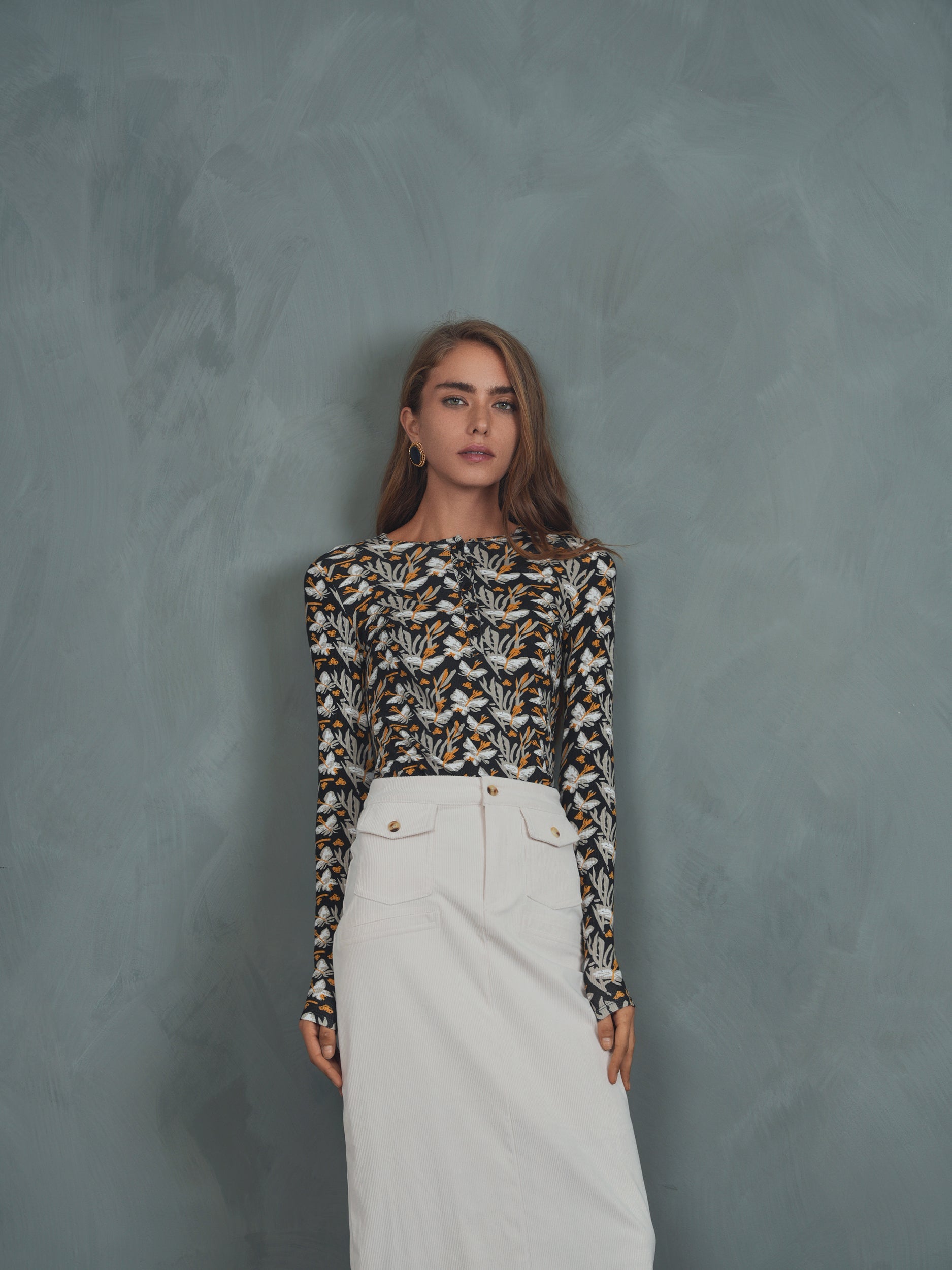 Henley Print Rib Top