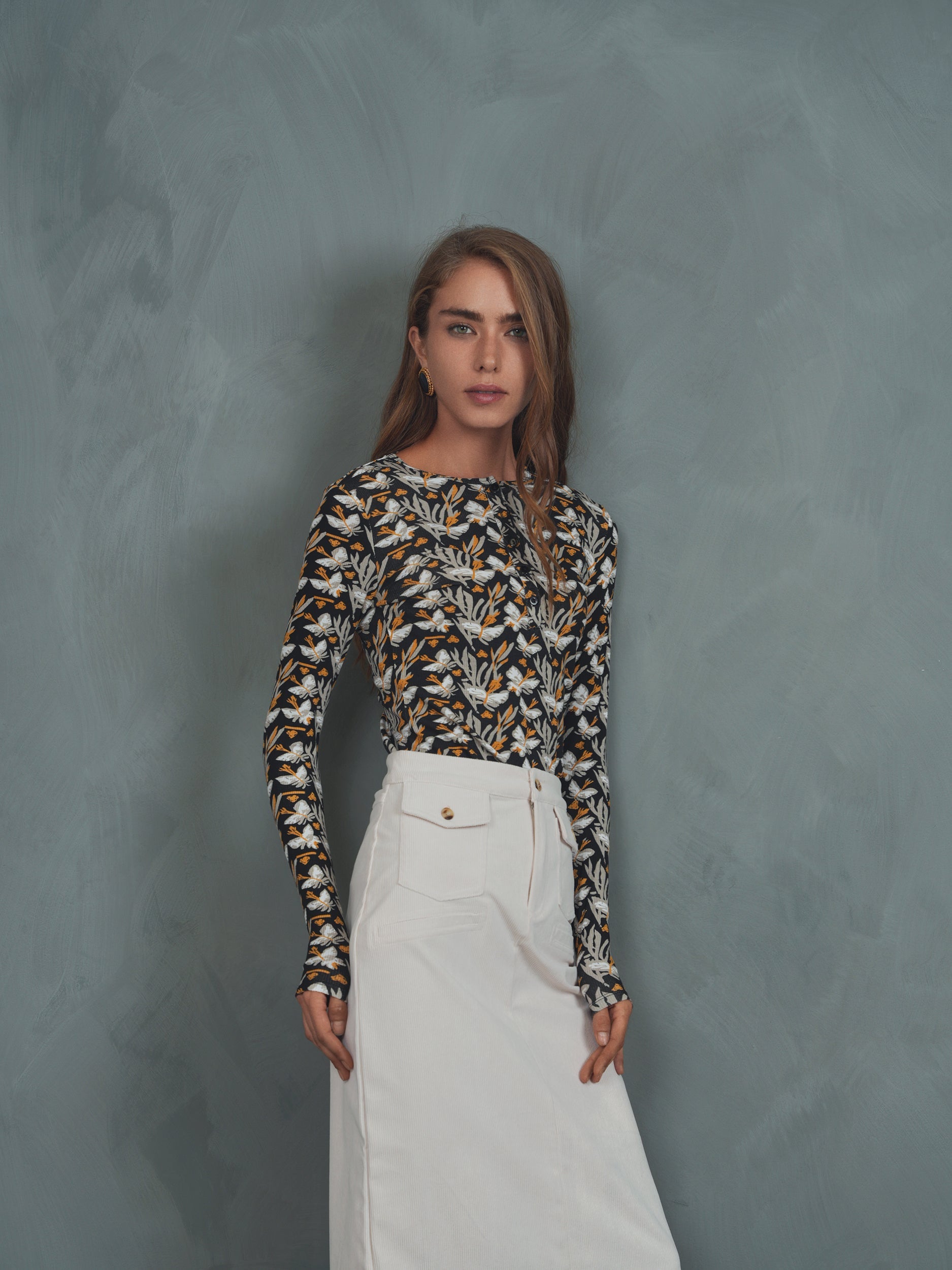 Henley Print Rib Top