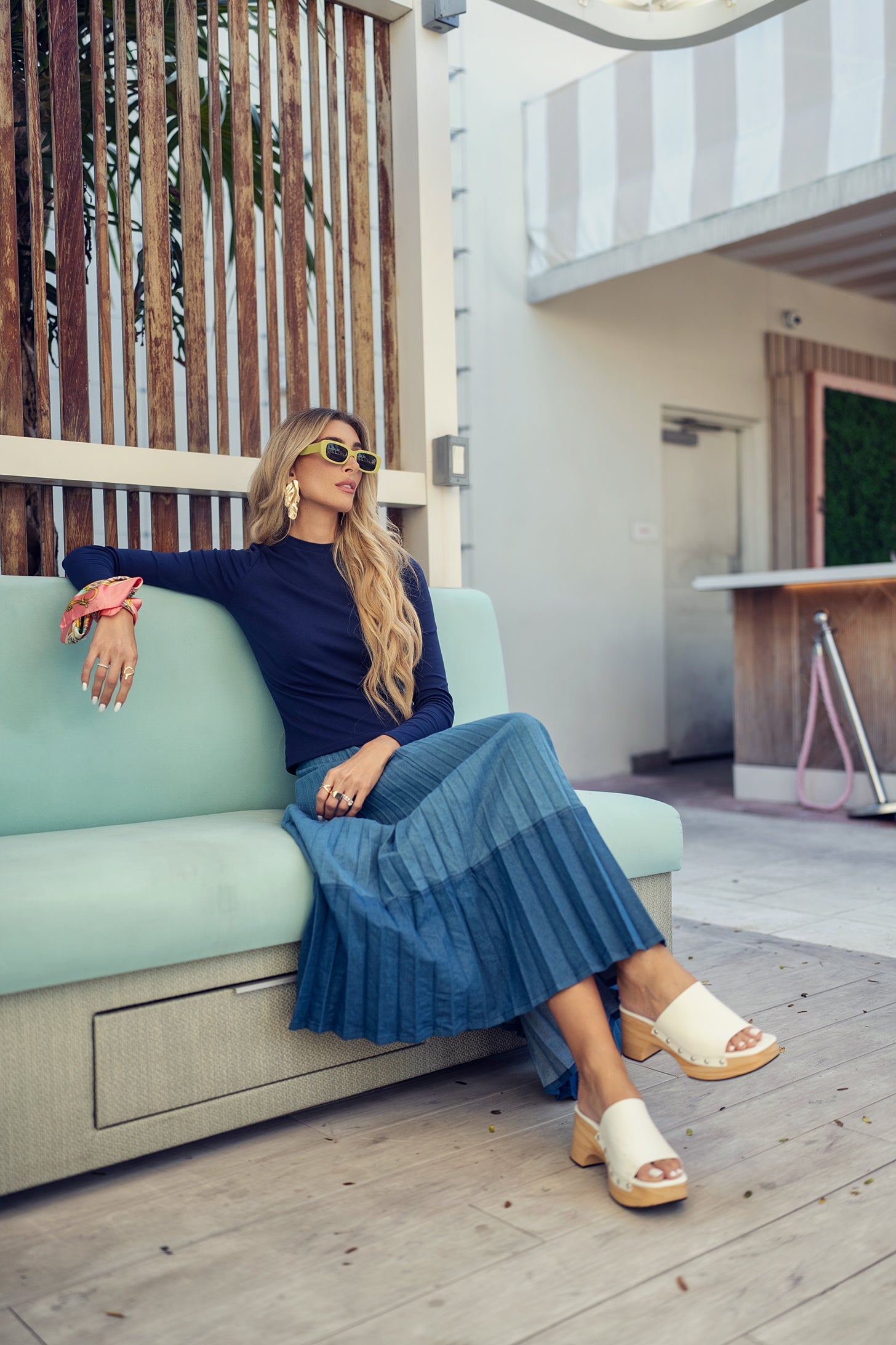 Colorblock Pleated Denim Skirt - Long