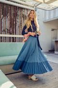 Colorblock Pleated Denim Skirt - Long