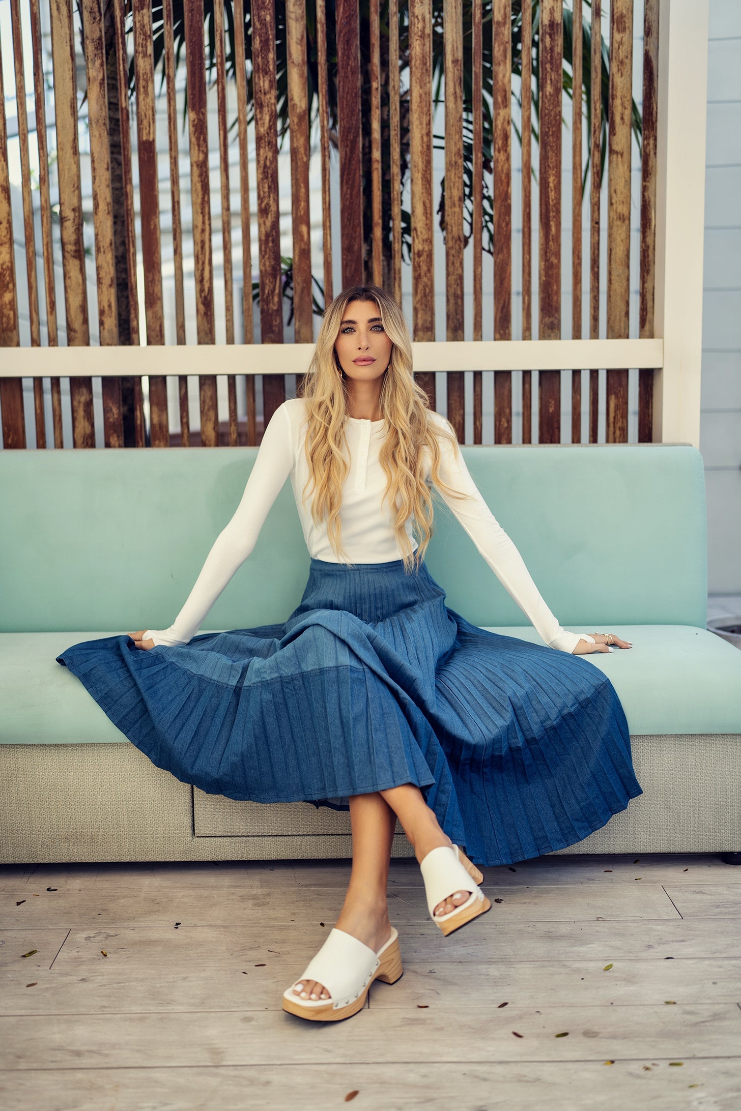 Colorblock Pleated Denim Skirt - Long